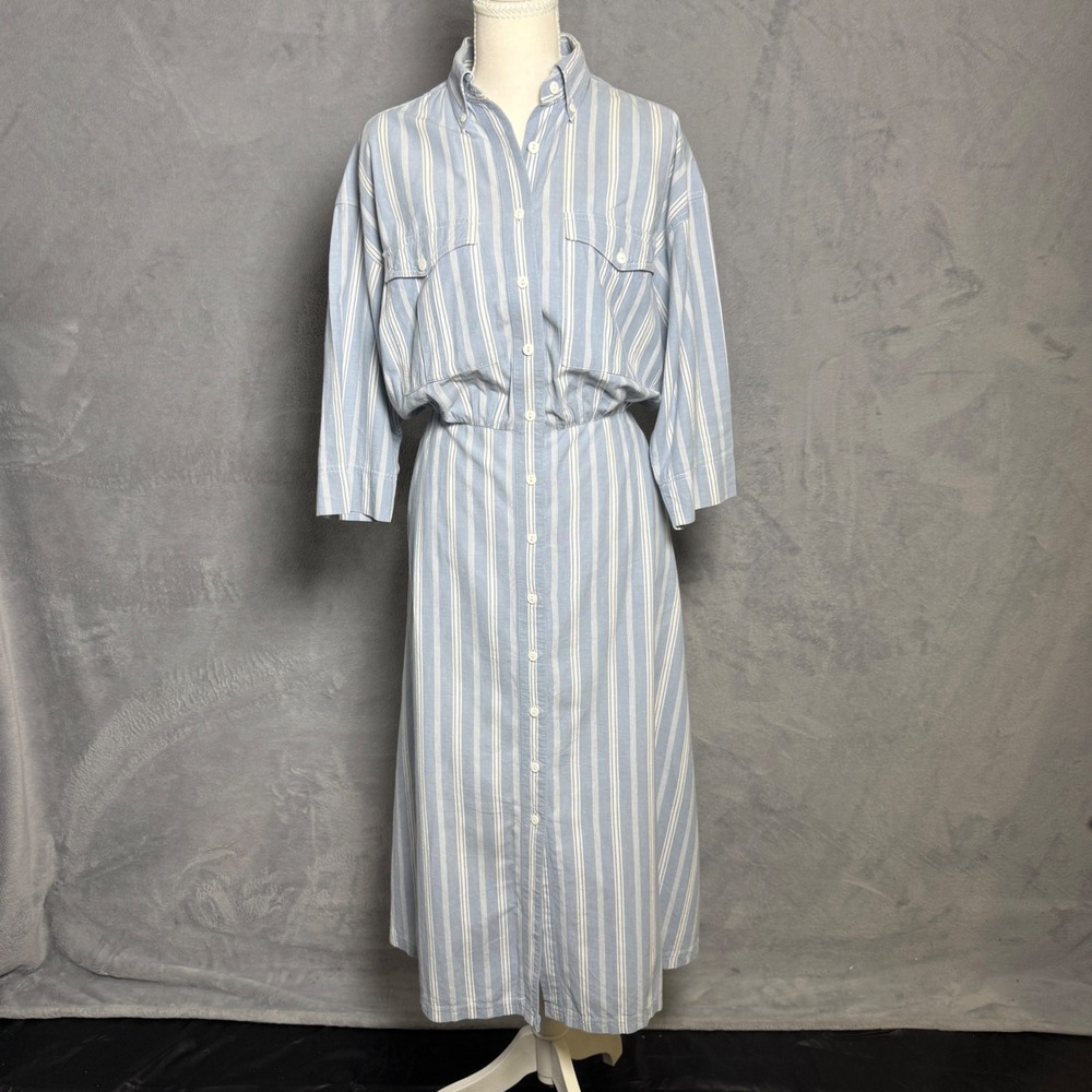 Vintage J.G. Hook Size 12 Blue White Striped Cotton Button Front Midi Dress